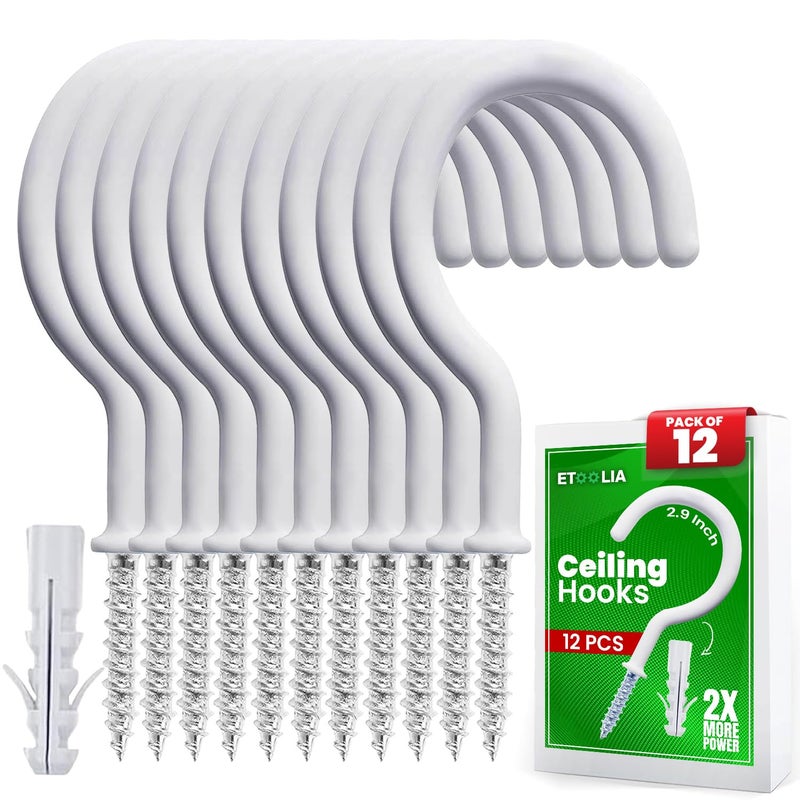 Etoolia 12 Pcs Ceiling Hooks for Hanging Plants - 2.9 inches Plant Hooks Heavy Duty Hanging Hooks for Cups Lights and Utensils -White Vinyl Coated Screw in Plant Hanging Hook Indoor and Outdoor - Image 1